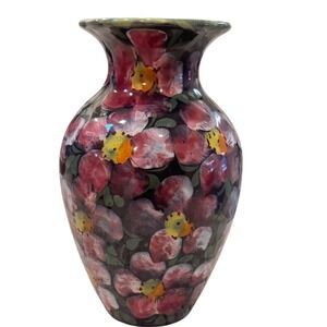 Vintage Bitossi Italy Vase Hand Painted Floral Design Dark Background 8.75"